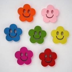 Bouton en Bois Fleur Smiley Multicolore 19mm - Lot de 10