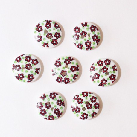 Bouton en Bois Imprimé Fleur 13mm 2 Trous Lot de 10