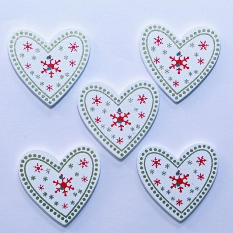 Bouton de Noël en Bois - Coeur avec Motif de Flocon 33mm - Lot de 10