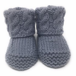 Chaussons Bébé Motif Torsades Tricotés Main - Couleur Gris