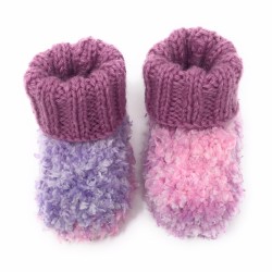 Chaussons Bébé Effet Polaire Tricotés Main - Couleur Violet et Rose Taille 0 - 6 Mois