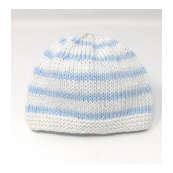 Bonnet Bébé en Coton Rayé Tricoté à la Main Blanc et Bleu Taille 0 - 3 Mois