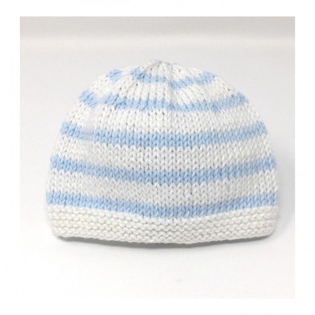 Bonnet Bébé en Coton Rayé Tricoté à la Main Blanc et Bleu Taille 0 - 3 Mois