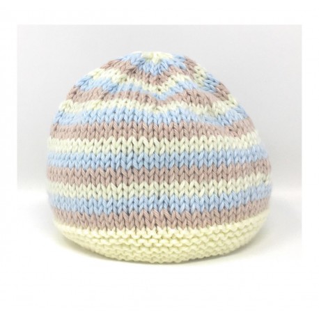 Bonnet Bébé en Coton Rayé Tricoté à la Main Bleu Beige Jaune Taille 0 - 3 Mois