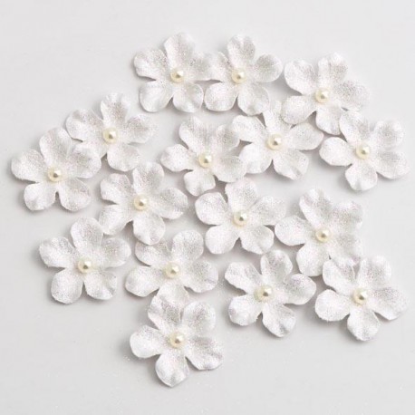 Fleurs en Papier Pailleté Artisanal avec Perle 3CM Lot de 16 Blanc