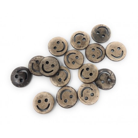 Boutons Visage Souriante en Coquille de Noix de Coco 13MM 2 Trous Marron - Lot de 20